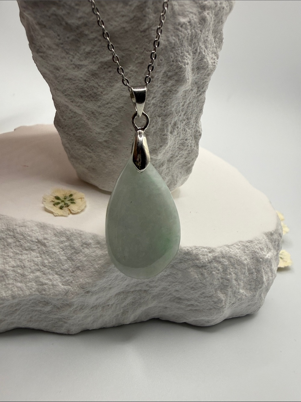 Sterling Teardrop Jade Pendant Necklace - Pale Green